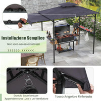 Gazebo per Barbecue, Pergola per BBQ con Tendalino Laterale, Tetto a 2 Livelli, 2 Ripiani Laterali, Ganci Appesi, Apribottiglie, per Giardino e Cortile, 318 x 153 x 250 cm (Grigio Scuro)