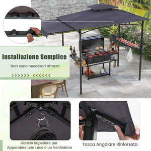 Gazebo per Barbecue, Pergola per BBQ con Tendalino Laterale, Tetto a 2 Livelli, 2 Ripiani Laterali, Ganci Appesi, Apribottiglie, per Giardino e Cortile, 318 x 153 x 250 cm (Grigio Scuro)