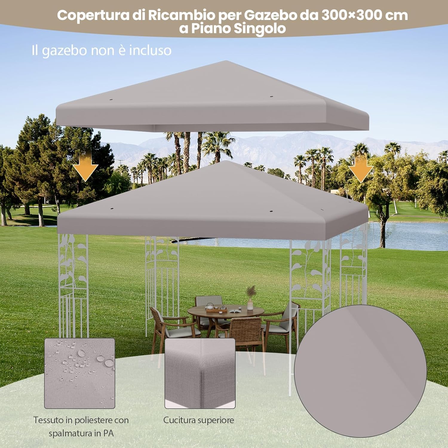 Copertura per Gazebo, Tetto Ricambio per Gazebo, Tetto del Padiglione 3x3 m (Grigio)