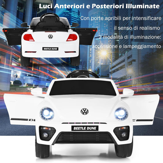 12V Volkswagen Macchina Elettrica per Bambini, Auto Elettrica con Telecomando Luci Musica Doppia Porta, 5km/h Carico 30kg, per Bambini 3-8 Anni (Bianco)