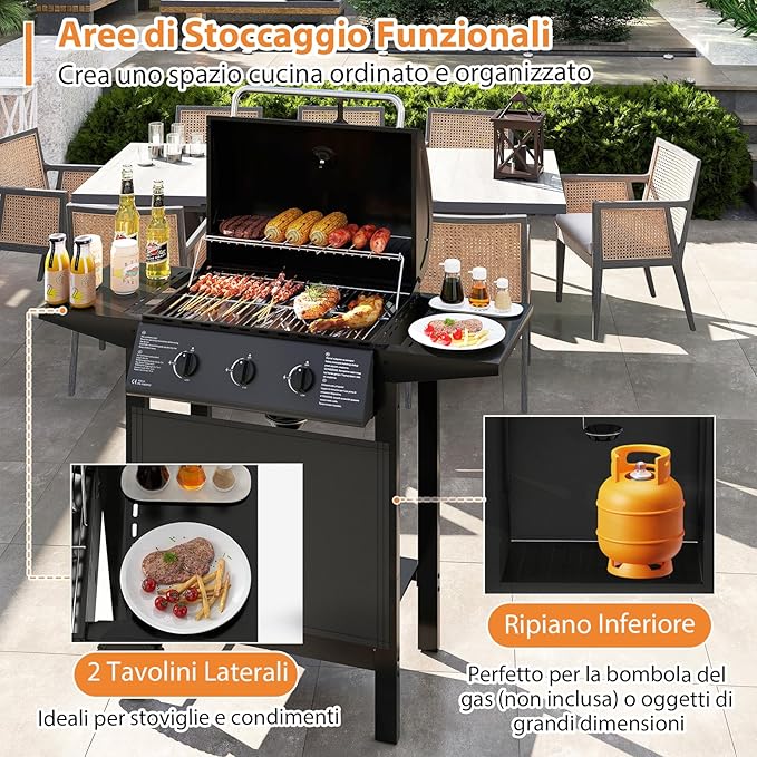 Griglia a Gas con 3 Bruciatori, Griglia da Esterno con Coperchio in Acciaio Inox e Tavolini Laterali, Attrezzatura per Barbecue da Patio su Ruote per Campeggio, Giardino