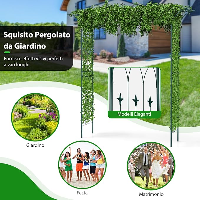 Arco da Giardino 205 CM, Pergolato per Piante Rampicanti, Pergola Decorativo di Metallo per Cerimonie, Feste, Cortile e Prato (Verde)