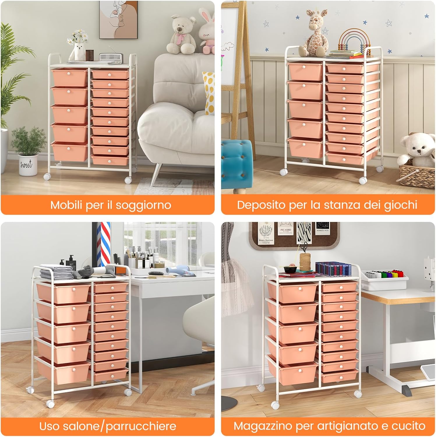 Carrello con 15 Cassetti Impilabili, Carrello di Stoccaggio con Ruote, Carello Portaoggetti per Casa e Ufficio, 62,5 x 37 x 87 cm (Arancia)