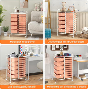 Carrello con 15 Cassetti Impilabili, Carrello di Stoccaggio con Ruote, Carello Portaoggetti per Casa e Ufficio, 62,5 x 37 x 87 cm (Arancia)