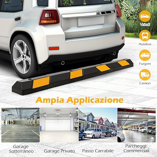 Fermaruote in Gomma per Parcheggi e Garage, Ferma Ruote con Strisce Riflettenti Gialle Capacità di Carico di 4 Ton, Barriera Parcheggio per Auto e Camion 183 x 15 x 10 cm, Nero e Giallo