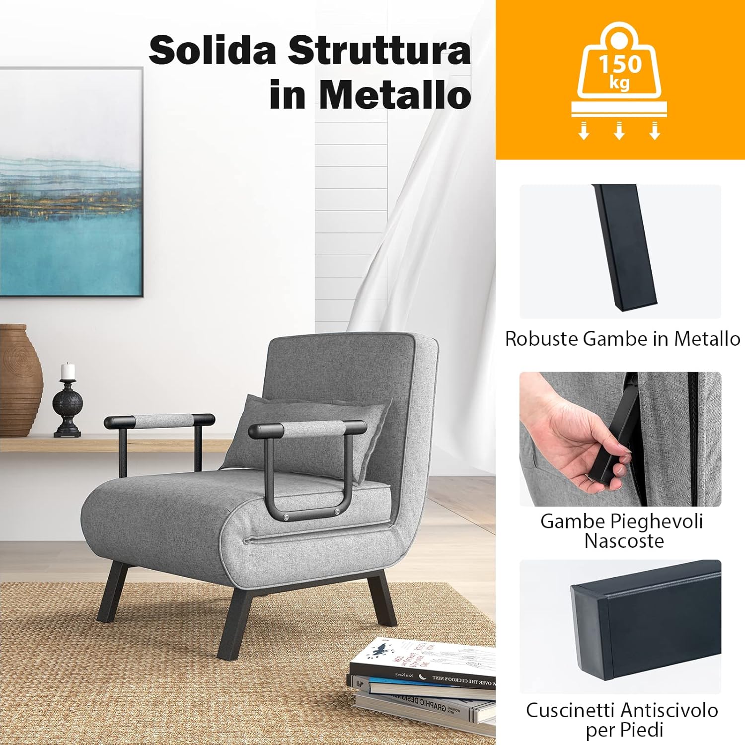 Poltrona Letto Singolo, Poltroncina Pieghevole con Schienale Regolabile 6 Posizioni, Cuscino Rimovibile e Sedile Imbottito Robusto, Divano Letto per Casa Ufficio, 79x65x79 cm (Grigio chiaro)