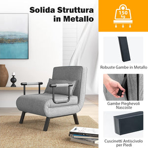 Poltrona Letto Singolo, Poltroncina Pieghevole con Schienale Regolabile 6 Posizioni, Cuscino Rimovibile e Sedile Imbottito Robusto, Divano Letto per Casa Ufficio, 79x65x79 cm (Grigio chiaro)