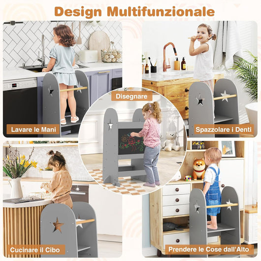 3-in-1 Torre Montessoriana per Bambini Regolabile in Altezza su 3 Livelli, Torre di Apprendimento con Doppia Lavagna, Pedane Alzabimbo con Protezione, per Cucina e Bagno, da 36 Mesi, Grigio