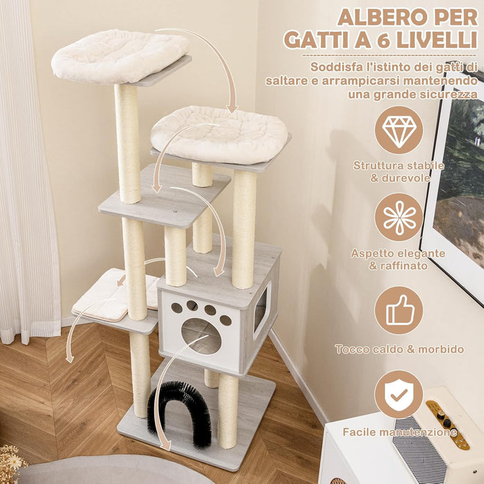 Albero Tiragraffi per Gatti 176 cm, Tiragraffi per Gatti con 2 Trespoli in Tessuto Felpato, Arco Massaggiante, Cuccia, Pali in Sisal e Tapettini Lavabili, Torre per Animali Domestici (Grigio)