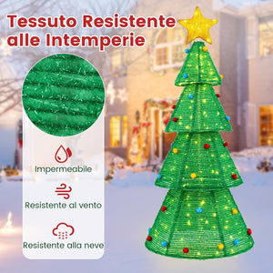 Albero di Natale Pieghevole 190 cm, Decorazione dell'Albero di Natale con 200 Luci LED, Stella in Cima, Palline di Peluche, Decorazione Natalizia per Casa, Giardino, Negozio