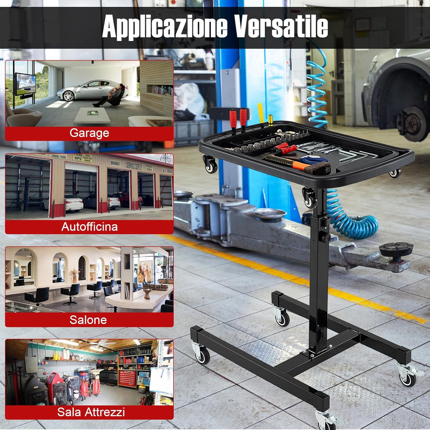 Vassoio Organizer per Attrezzi 2-in-1 con 4 Ruote, Carrello Porta Attrezzi Regolabile in Altezza con Vassoio, Carrello per Attrezzi da Meccanico Portatile per Garage e Officina, Nero