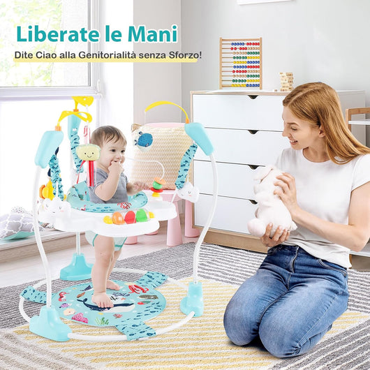 Jumperoo per Bambini, Centro attività Saltella con Altezza Regolabile, Gioco Saltellante con Sedile Girevole a 360°, Saltarello per Neonati con Luci e Suoni per Bambini 6+ Mesi (Azzurro)