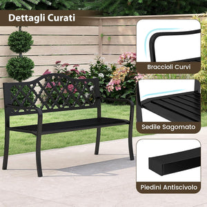 Panchina da Esterno in Metallo 128 x 54 x 89 cm per 2-3 Persone, Panca da Giardino con Doghe e Braccioli Curvati per Piscina e Veranda, Nero