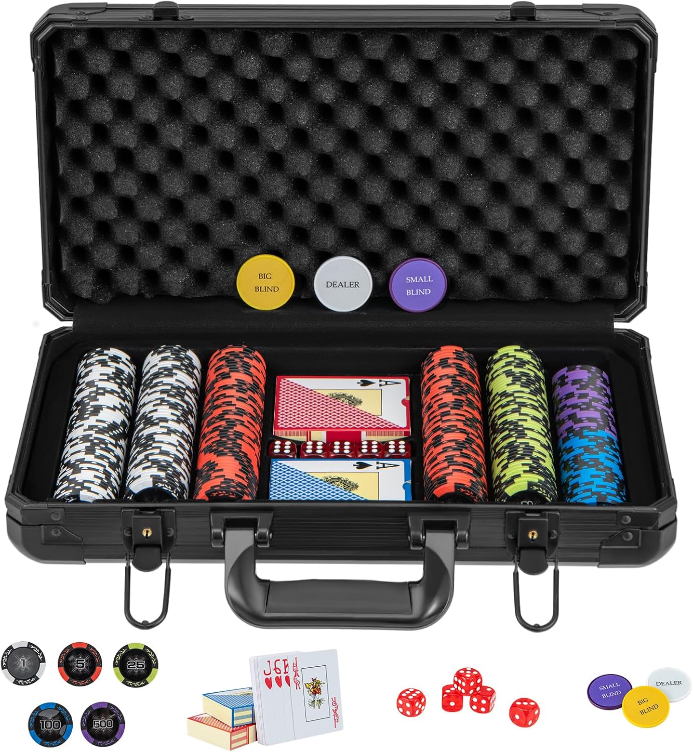 Poker Chips, Set di Fiches da Poker con 500/300 Chips e Custodia in Alluminio, Mazzo di Carte 5 Dadi, Set di Fiches per Party Viaggi e Feste (300 chips)