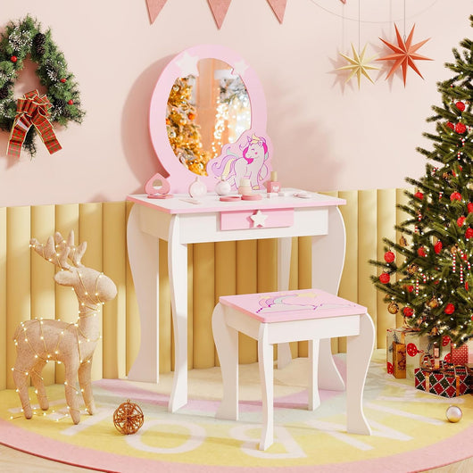 Set Toeletta per Ragazza, Toeletta Trucco per Bambini con Sgabello, Specchio Staccabile e Cassetto, Postazione Trucco in Legno per Cameretta 49.5 x 35.5 x 89cm (Bianco)