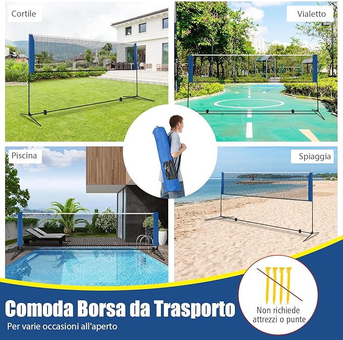 Rete da Badminton 310/420 cm Portatile e Regolabile in Altezza, Set di Rete da Badminton con 2 Volani, Tappi per Piedi, Morsetti e Borsa, per Pallavolo e Pickleball