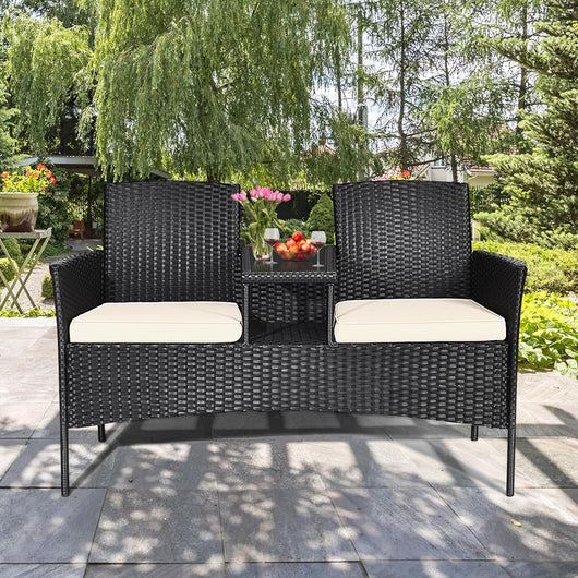 Poltrona da Patio con Tavolo in Vetro Temprato, Set di Mobili in Rattan PE Resistente All’usura con Struttura in Metallo, Cuscini Spessi, per Esterni Giardino Piscina Cortile (Bianco)