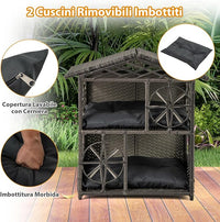 Casa per Gatti in Vimini a 2 Piani, Recinto per Gattini in Rattan con Cuscini Rimovibili, Tetto, Finestre e Porte, Rifugio Elevato da Interno ed Esterno per Conigli e Gattini