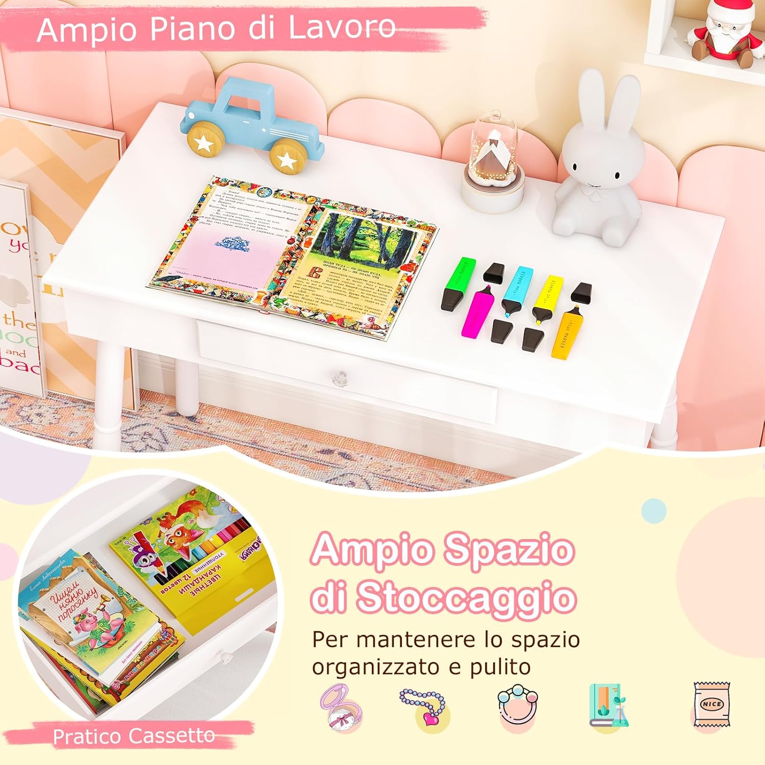 Toeletta Trucco per Bambina, Specchiera per Ragazzi in Legno Robusto, Postazione Trucco 2 in 1 Principessa con Cassetto, Sgabello e Specchio Staccabile, 70 x 34 x 100 cm (Bianco)