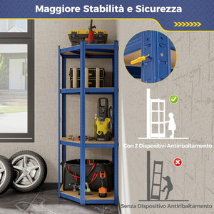 Scaffale ad Angolo a 4 Ripiani, Scaffalatura Regolabile per l'Archiviazione in Garage, Mensola Metallica Resistente, Carico 720 kg per Magazzino Dispensa e Cucina (Blu)