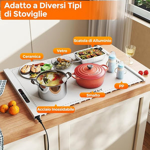 Vassoio Riscaldante Elettrico, Tappetino Riscaldante in Silicone Portatile, con Temperatura Regolabile Timer e Blocco per Bambini, per Buffet, Feste e Cucina (60 x 44 cm,Bianco)
