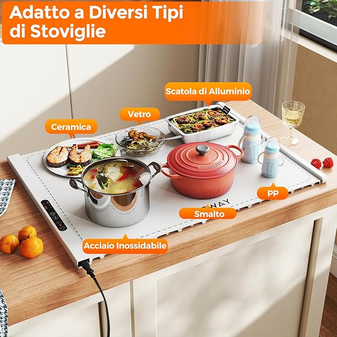 Vassoio Riscaldante Elettrico, Tappetino Riscaldante in Silicone Portatile, con Temperatura Regolabile Timer e Blocco per Bambini, per Buffet, Feste e Cucina (60 x 44 cm,Bianco)