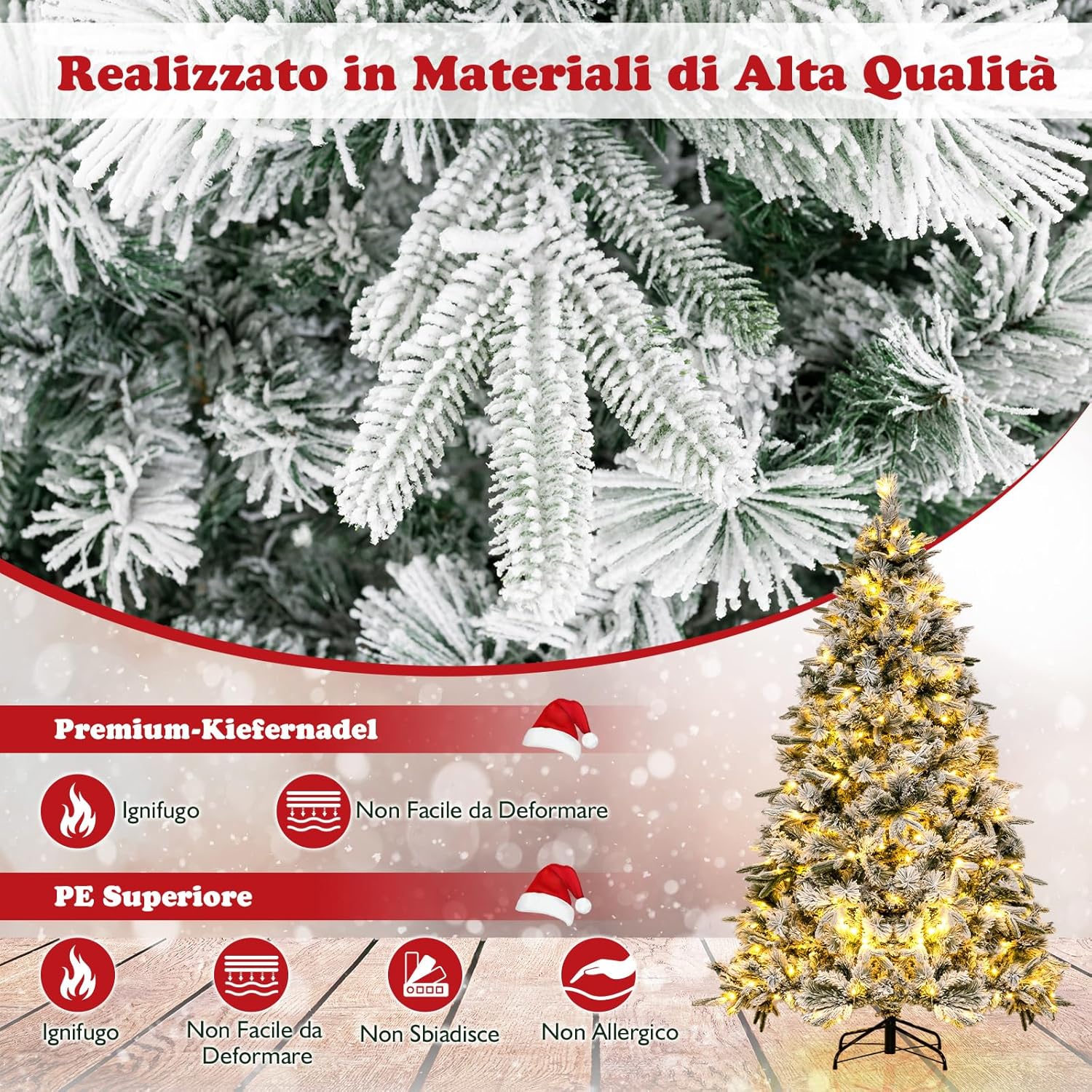 Albero di Natale Innevato 215 cm, Albero di Natale con 300 Luci LED Bianco Caldo, 1096 Punte di Ramo Miste e Aghi di Pino, per Casa e Ufficio