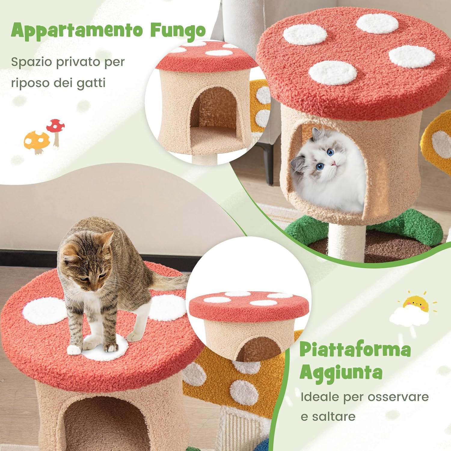 Albero per Gatti 4-in-1 con Condo e Piattaforma, Torre per Gattini a Forma di Fungo con Palo Avvolto in Sisal, Tiragraffi e Palla a Molla