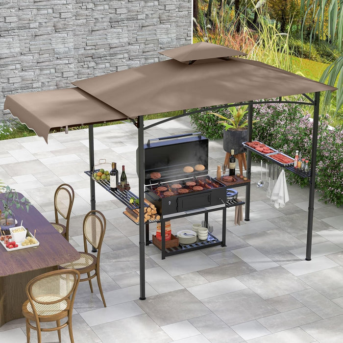 Gazebo per Barbecue, Pergola per BBQ con Tendalino Laterale, Tetto a 2 Livelli, 2 Ripiani Laterali, Ganci Appesi, Apribottiglie, per Giardino e Cortile, 318 x 153 x 250 cm (Marrone)