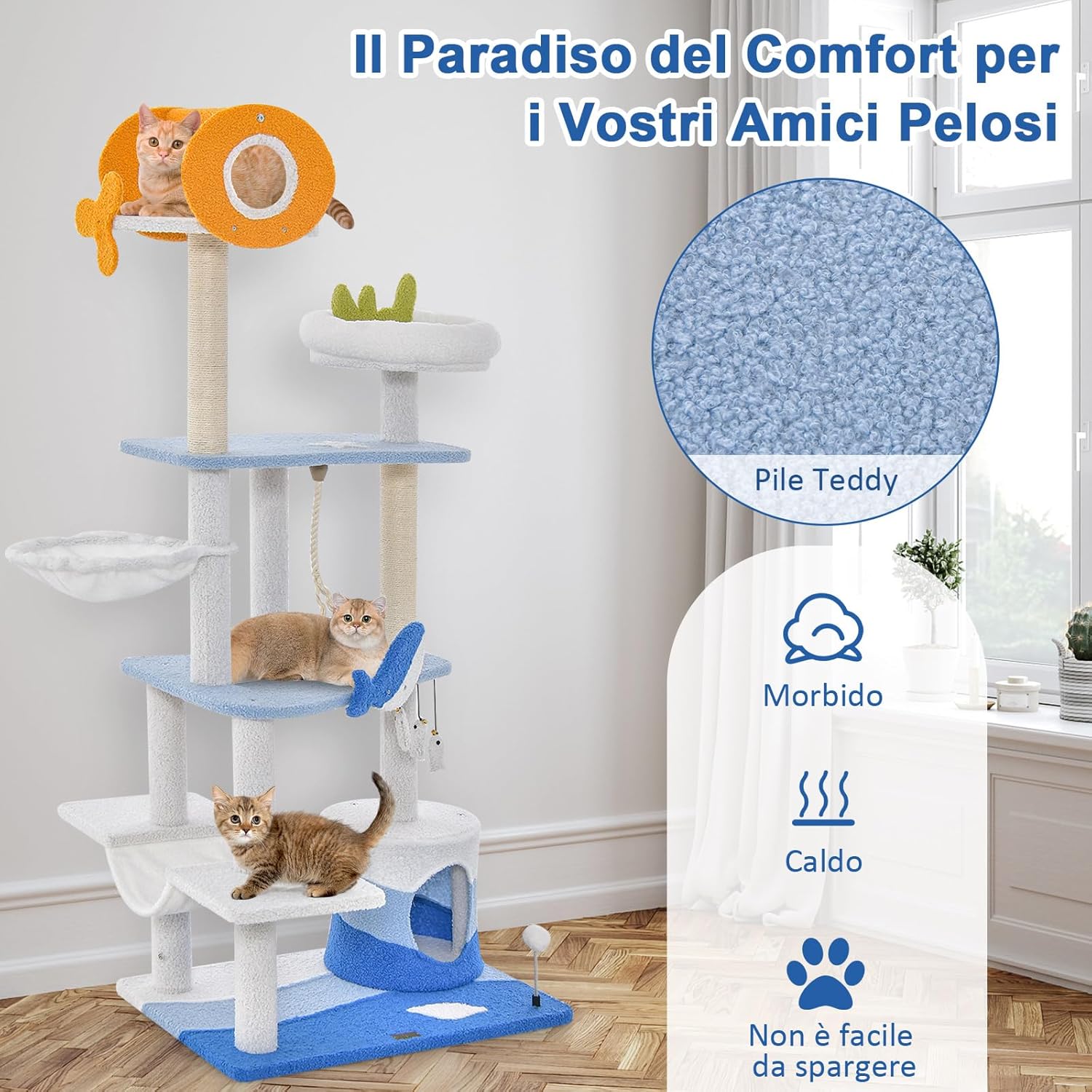 Tiragraffi per Gatti a Tema Oceanico, Torre per Gatti con Pali Tiragraffi Rivestiti di Sisal, Nicchia, Posatoio, Amaca, Piattaforme, Giocattoli Oscillanti, Palla Molla e Corda di Sisal