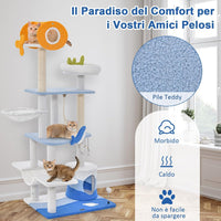 Tiragraffi per Gatti a Tema Oceanico, Torre per Gatti con Pali Tiragraffi Rivestiti di Sisal, Nicchia, Posatoio, Amaca, Piattaforme, Giocattoli Oscillanti, Palla Molla e Corda di Sisal