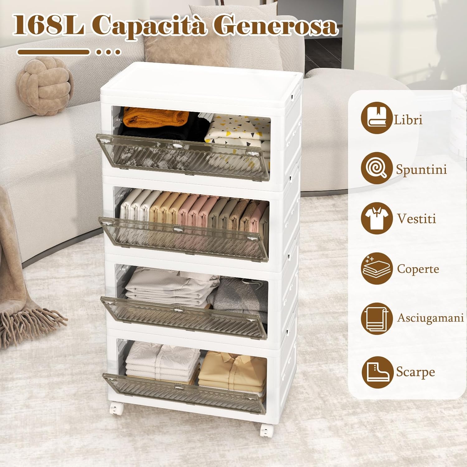 Comodino in Plastica Multipiano con Coperchio 168 L, Scatole Impilabili con 4 Ruote e Freni, Contenitori di Stoccaggio Pieghevole, per Soggiorno, Camera da Letto e Bagno, Bianco (4 Ripiani)