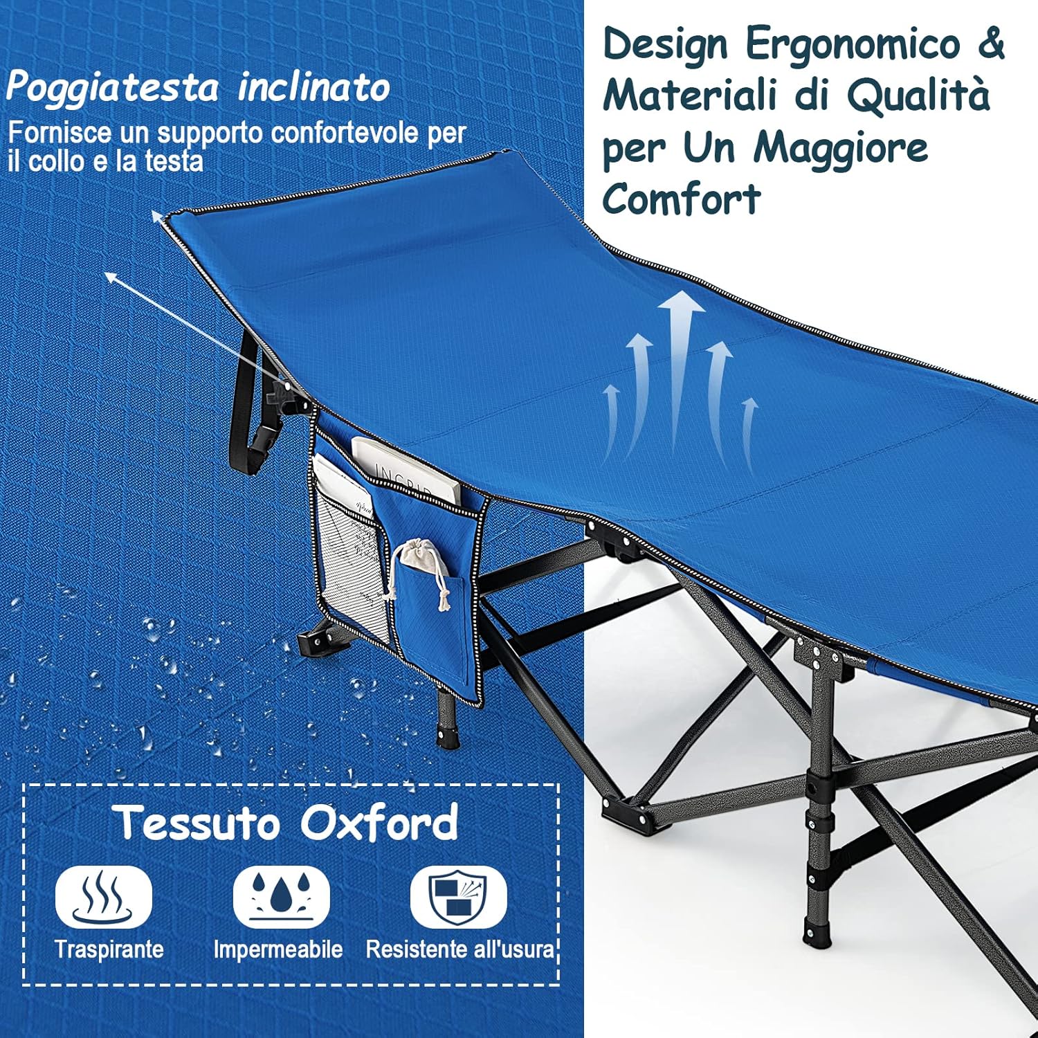 Brandina da Campeggio Pieghevole, Letto Portatile con Poggiatesta Inclinato, Tasca Laterale e Borsa di Trasporto, Branda Campeggio per Backpacking, Ospiti e Pesca, Portata 272 kg