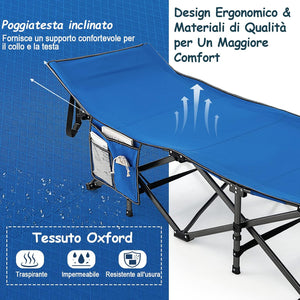 Brandina da Campeggio Pieghevole, Letto Portatile con Poggiatesta Inclinato, Tasca Laterale e Borsa di Trasporto, Branda Campeggio per Backpacking, Ospiti e Pesca, Portata 272 kg