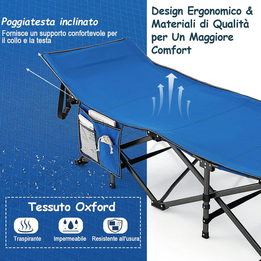 Brandina da Campeggio Pieghevole, Letto Portatile con Poggiatesta Inclinato, Tasca Laterale e Borsa di Trasporto, Branda Campeggio per Backpacking, Ospiti e Pesca, Portata 272 kg