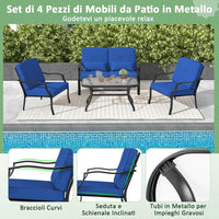 4 Pezzi Set di Mobili da Giardino, con Cuscini e Tavolino in Vetro Temperato, Struttura in MetalloSet di Divani da Esterno per Giardino Cortile e Piscina (Blu)