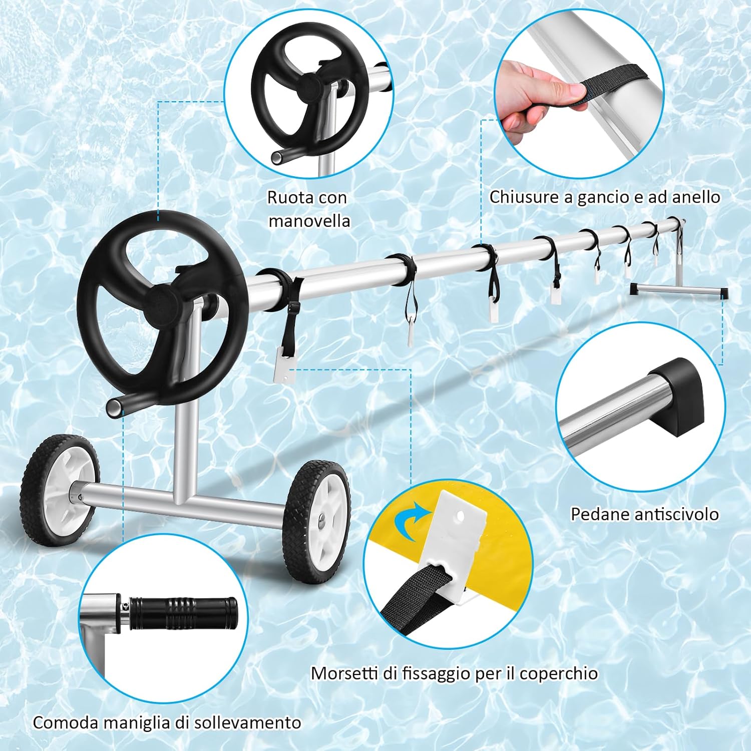 Rullo Avvolgitore per Piscina, Avvolgitore Telo Piscina 7 M Regolabile con Ruote in Gomma, Avvolgitore per Piscina in Alluminio