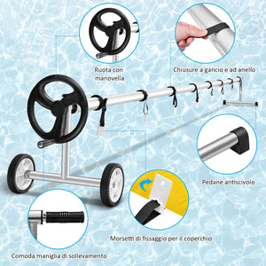 Rullo Avvolgitore per Piscina, Avvolgitore Telo Piscina 7 M Regolabile con Ruote in Gomma, Avvolgitore per Piscina in Alluminio