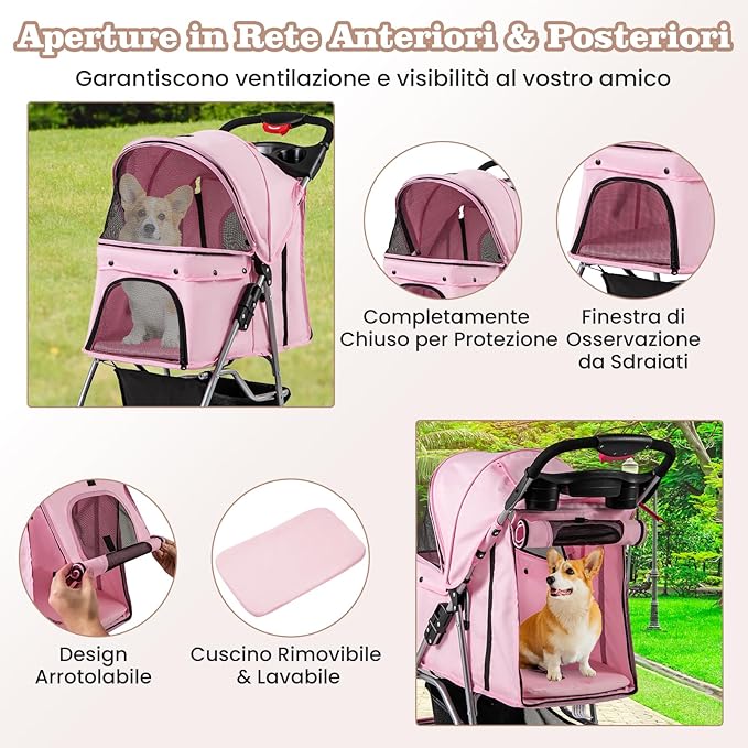Passeggino per Cani Piccoli Pieghevole, Fino a 15 kg, Ruote 360° con Freni, Cuscino, Porta Doppio, Finestre, Cestino, Portabicchieri, Carrozzina Portatile (Rosa)
