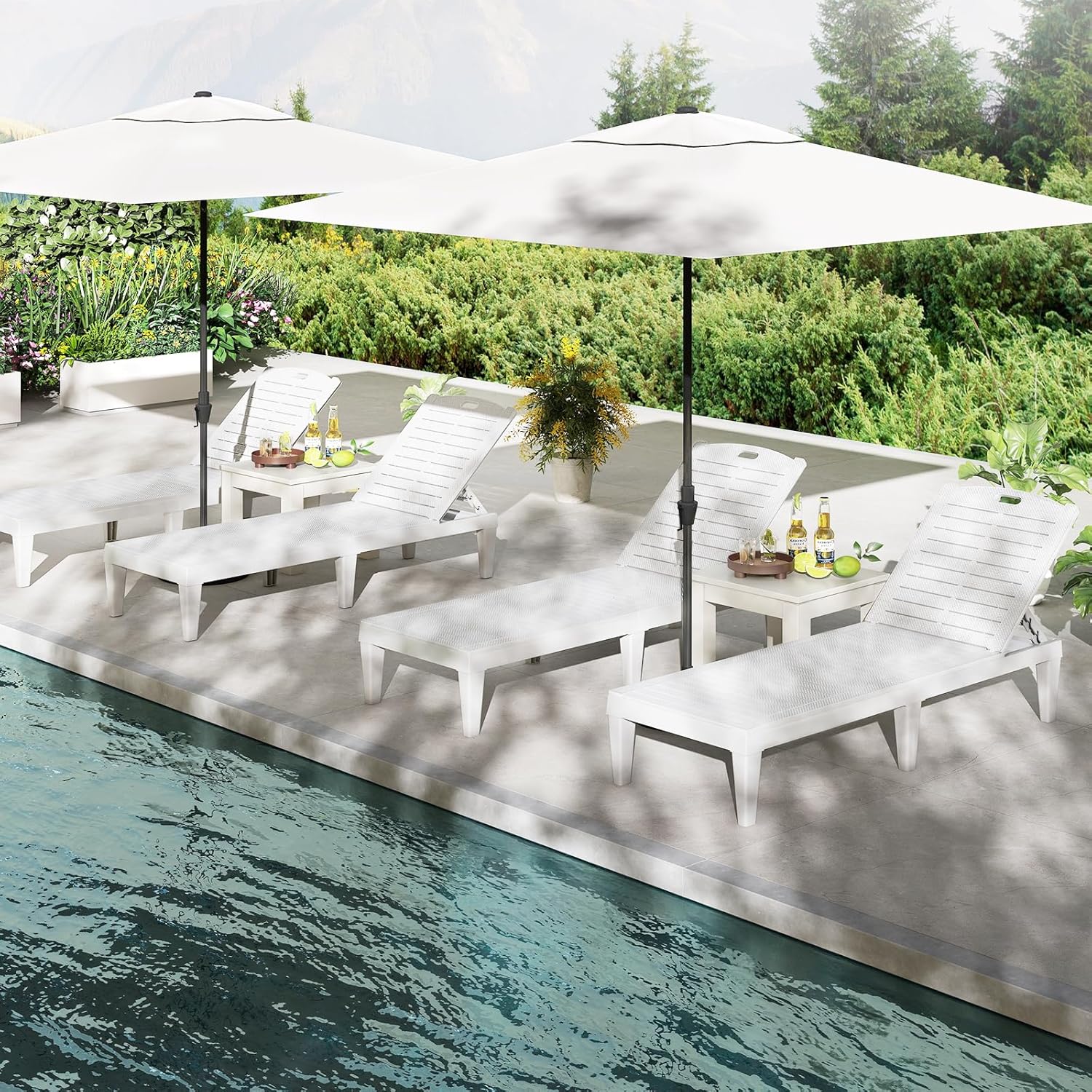 Set di 2 Sedie a Sdraio, Lettino Prendisole da Esterno in PP con Schienali Regolabili in 4 Posizioni, Sedia Reclinabile per Patio, Piscina, Terrazza, Portata 160 kg (Bianco)