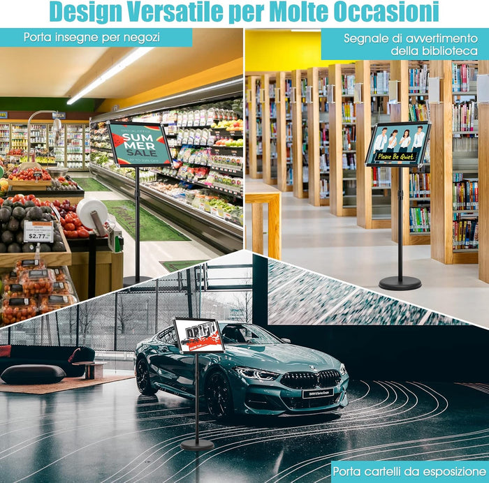 Set 2 Pezzi Supporto Poster Menù Stand per Pubblicità da Terra in Metallo, Girevole e Regolabile in Altezza, A4 / A3 (A3 Nero x 2)