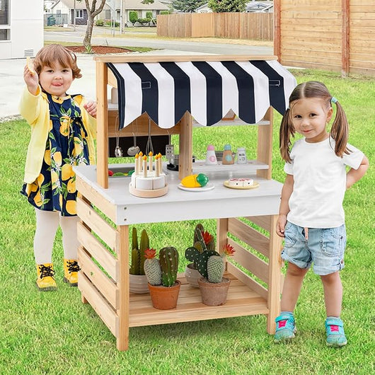 Cucina Giochi in Legno a Doppia Faccia, Cucina Giocattolo con Fornelli, Lavandino, Vaschetta per l'Acqua, Rubinetto, Set di Cucina per Esterni con Tetto, per Bambini dai 3+ Anni, 58 x 56 x 87