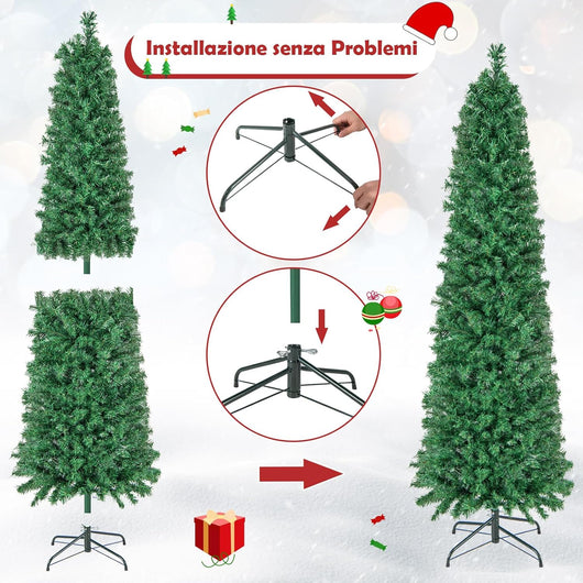 Albero di Natale Artificiale con Fibra Ottica 150/180 CM, Albero di Natale Slim Preluminato con 361/517 Rametti, Base in Metallo Pieghevole, Ideale per Casa, Ufficio e Feste (180 cm)
