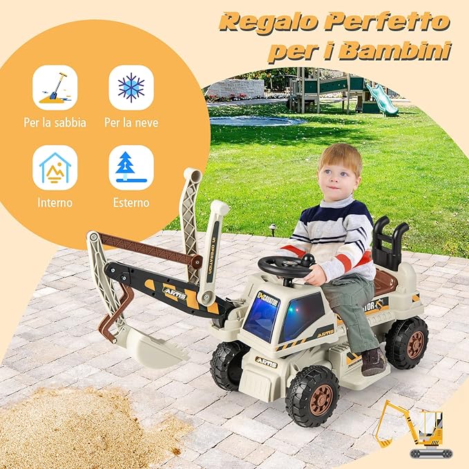 Escavatore Cavalcabile per Bambini, Ruspa Cavalcabile con Sedile Scomparto Portaoggetti, Funzione di Musica e di Educativa, Regalo per Bambini 3 Anni+ (Grigio)