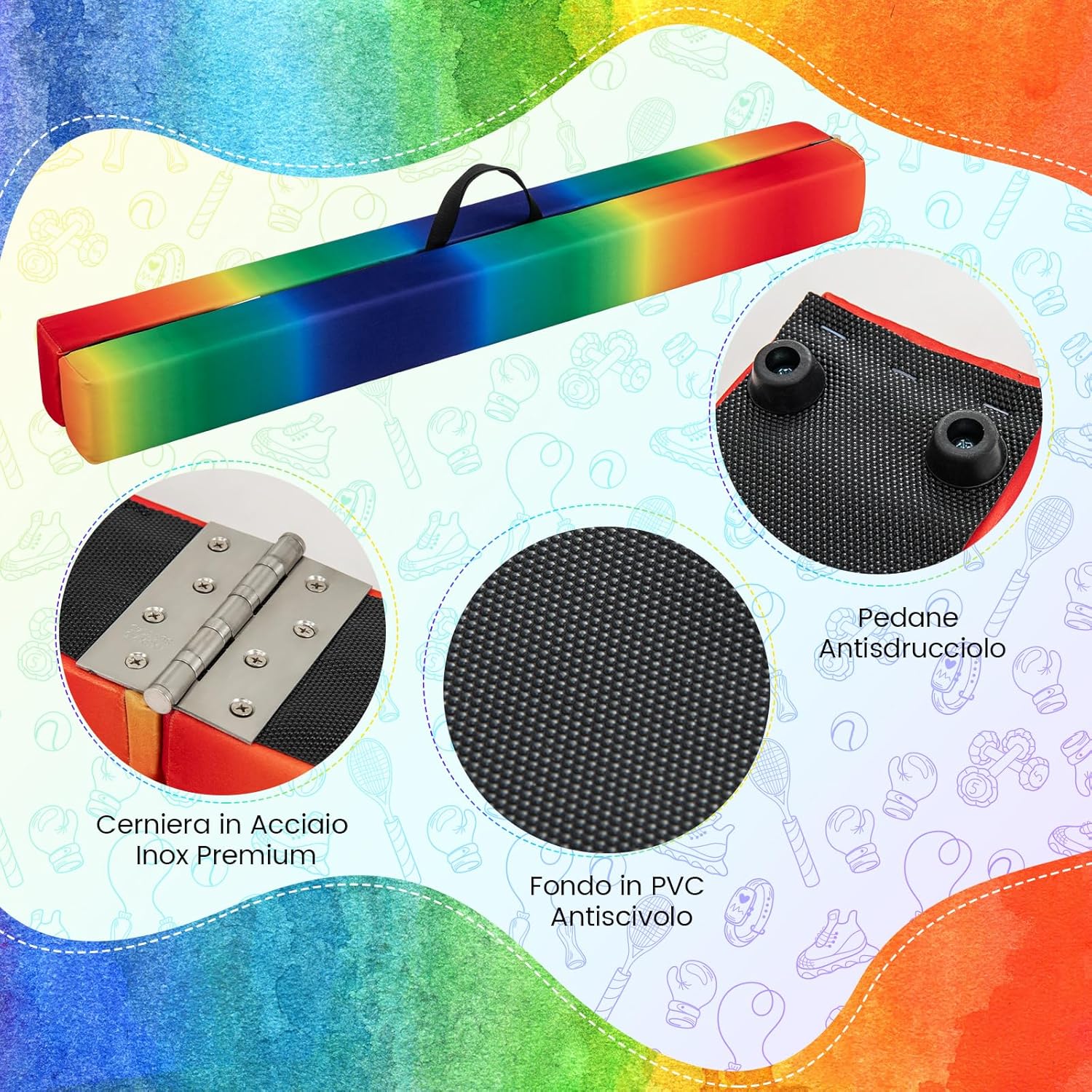 Trave Ginnastica Artistica per Casa 210/240 cm, Trave Pieghevole per Bambini con Maniglia, Base in Legno e Fondo Antiscivolo, Trave di Equilibrio da Pavimento