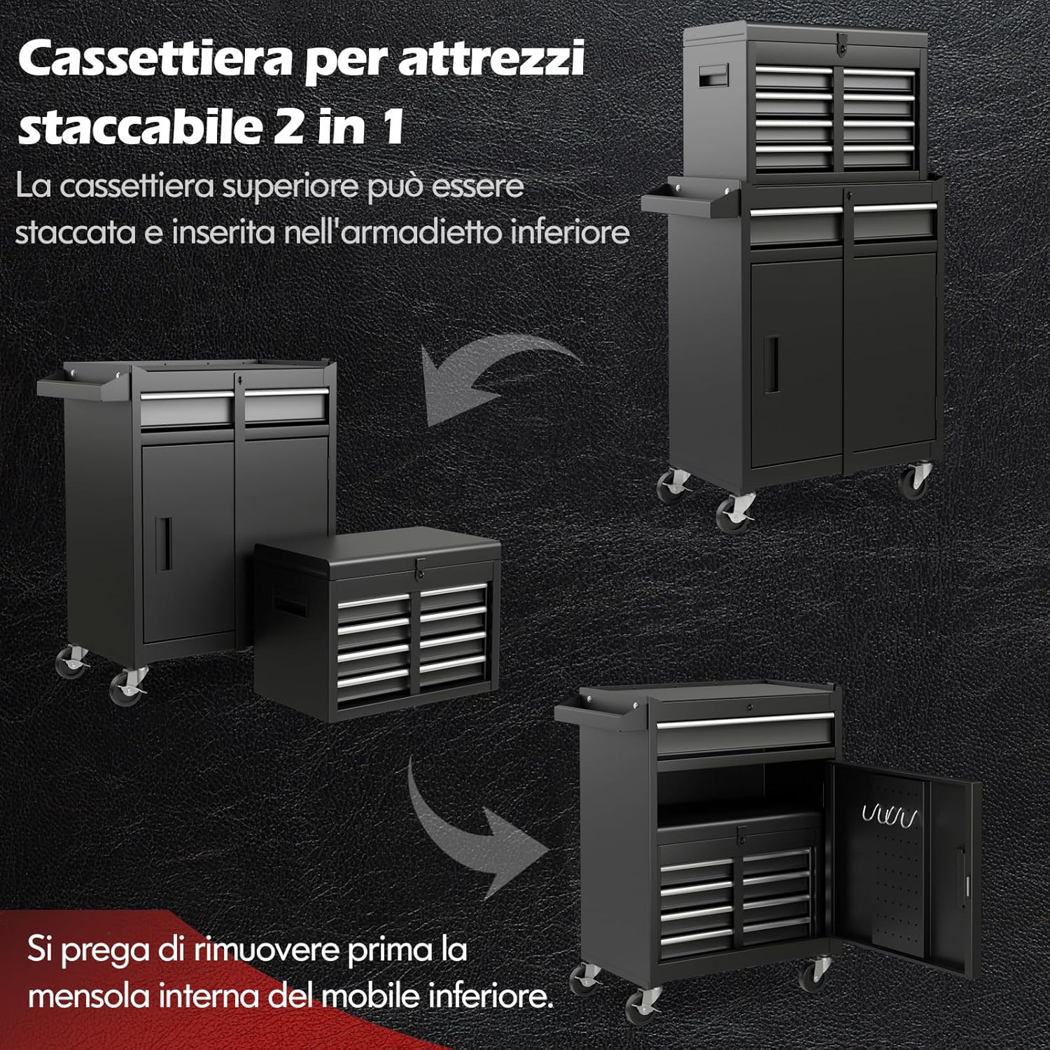Cassettiera Portautensili a 4 Cassetti, Carrello per Attrezzi con Ruote Bloccabili Ripiano Regolabile e Rivestimento Antiscivolo, 59 x 28 x 102 cm (Nero)