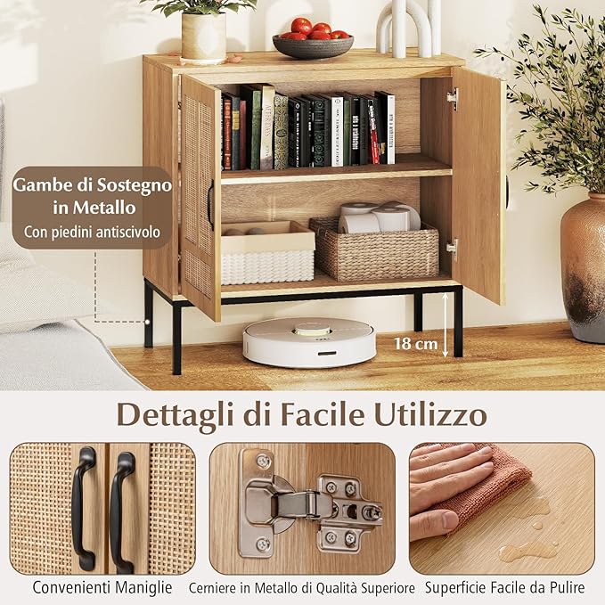 Credenza da Cucina, Armadio con 2 Ante Intrecciate in Rattan, Ripiano Regolabile a 3 Posizioni, Armadietto Boho per Cucina, Sala da Pranzo, Soggiorno e Corridoio, 80 x 38 x 81 cm (Naturale)