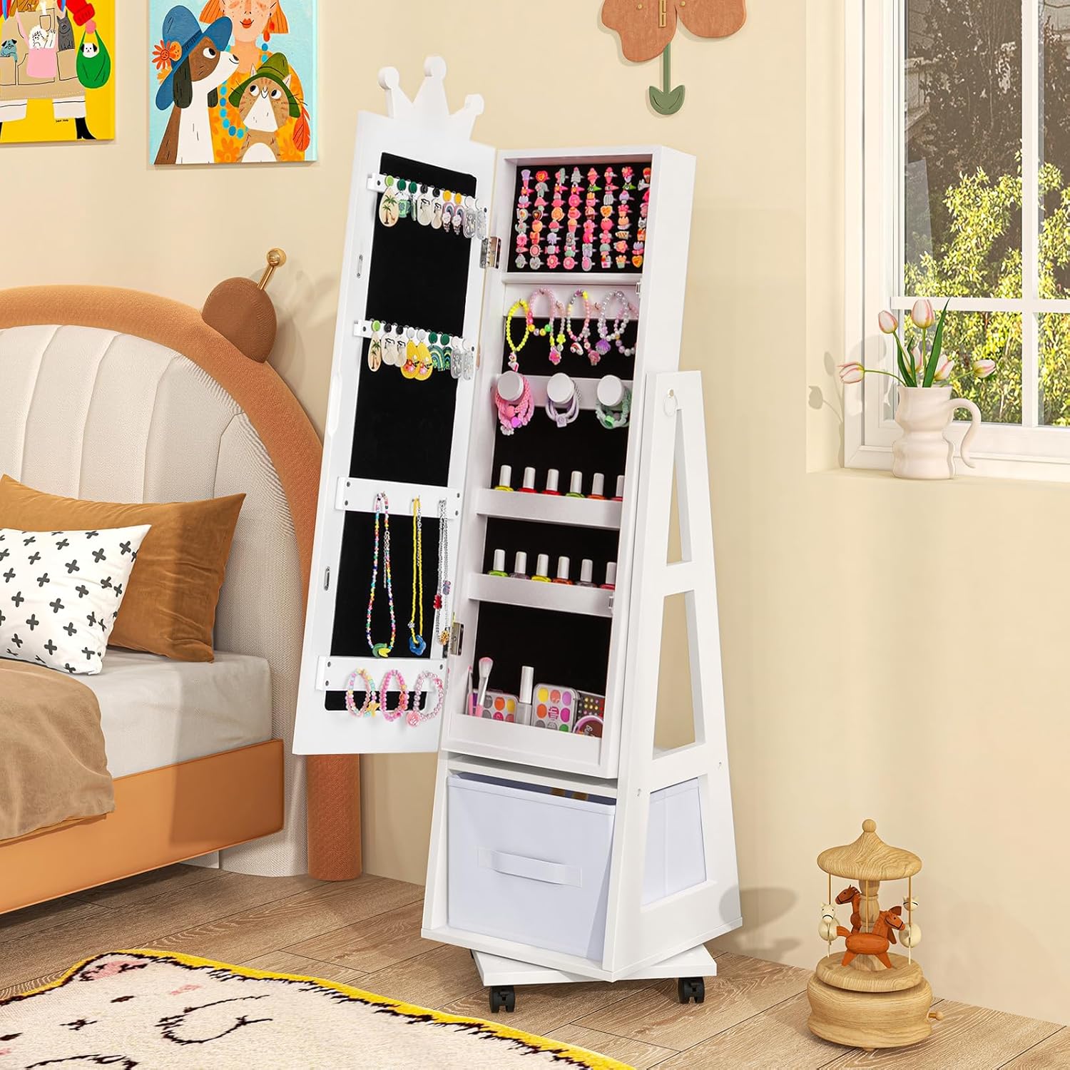 Specchio Portagioie da Terra, Armadietto Portagioielli e Girevole con Specchio a Figura Intera e 4 Ruote Universali Bloccabili, Specchiera da Camera da Letto per Bambini