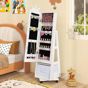 Specchio Portagioie da Terra, Armadietto Portagioielli e Girevole con Specchio a Figura Intera e 4 Ruote Universali Bloccabili, Specchiera da Camera da Letto per Bambini