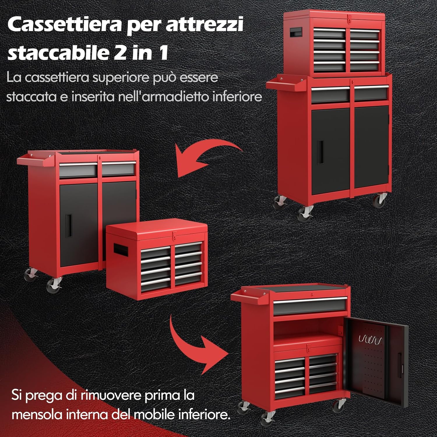 Cassettiera Portautensili a 4 Cassetti, Carrello per Attrezzi con Ruote Bloccabili Ripiano Regolabile e Rivestimento Antiscivolo, 59 x 28 x 102 cm (Nero + Rosso)